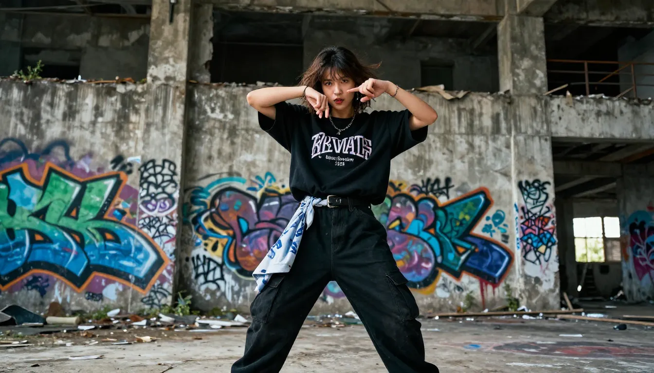 A stylish young woman performing expressive rap, urban stree...