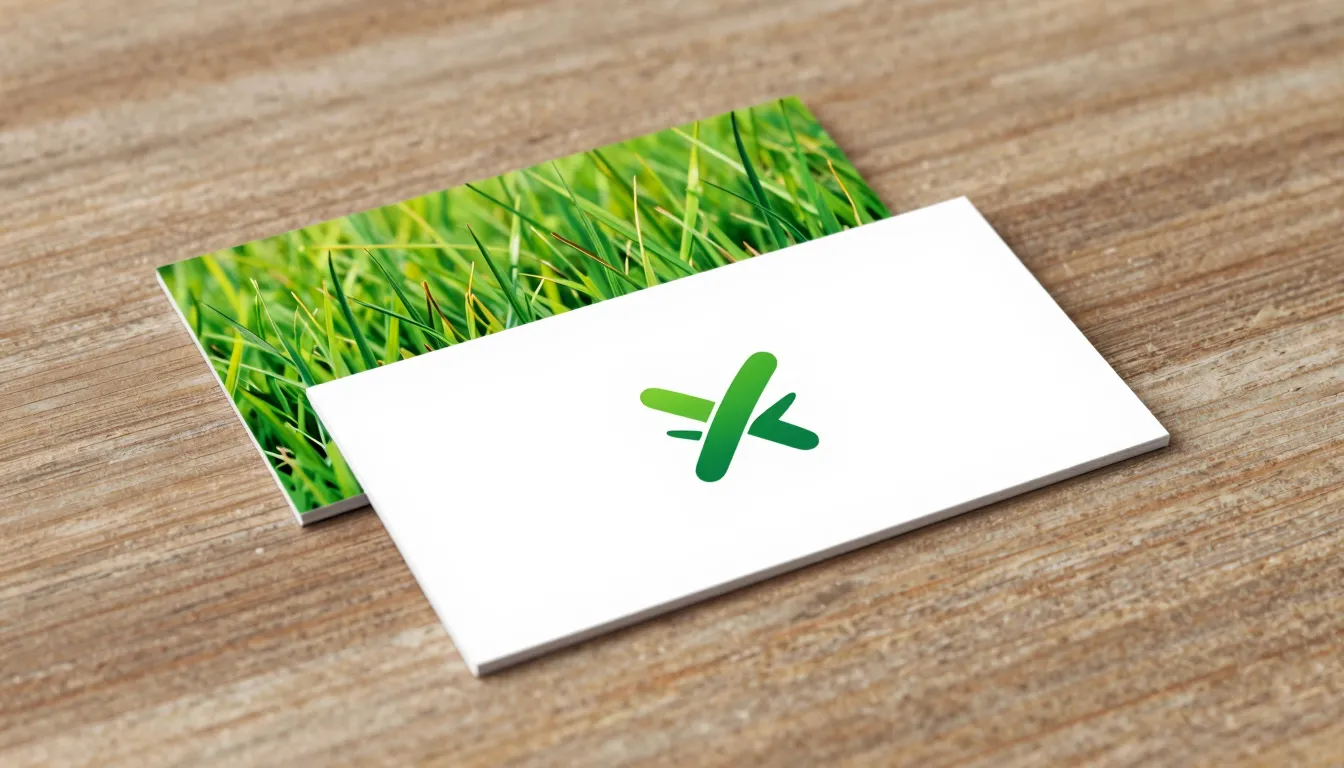 A modern business card mockup for a grass cutting company, l...