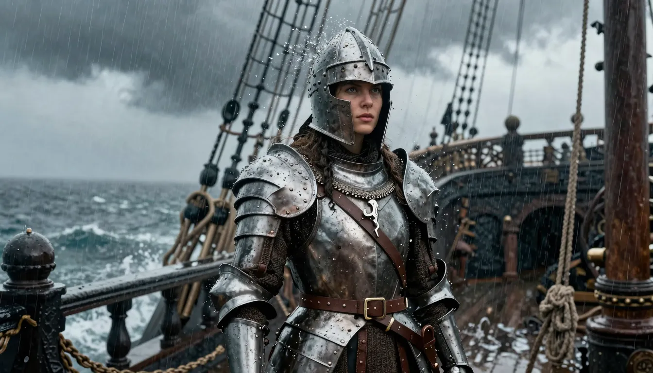 A courageous woman in full medieval knight armor standing on...