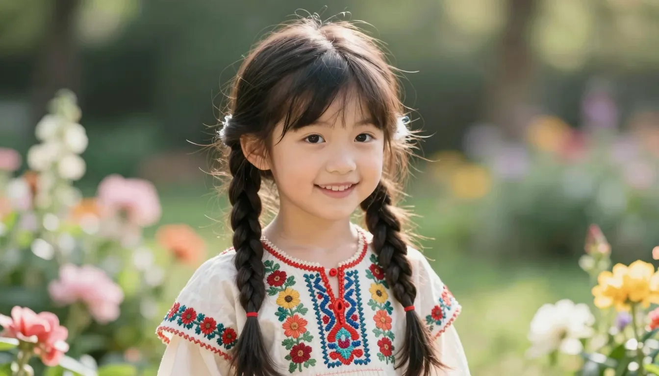 A cute little girl with long braided hair, wearing a traditi...