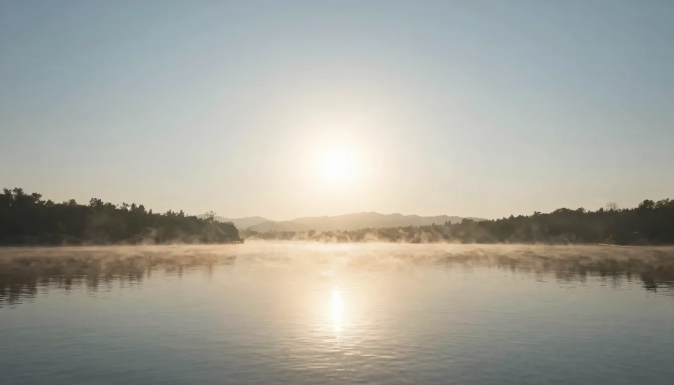 A serene and beautiful landscape with a bright sun rising ov...