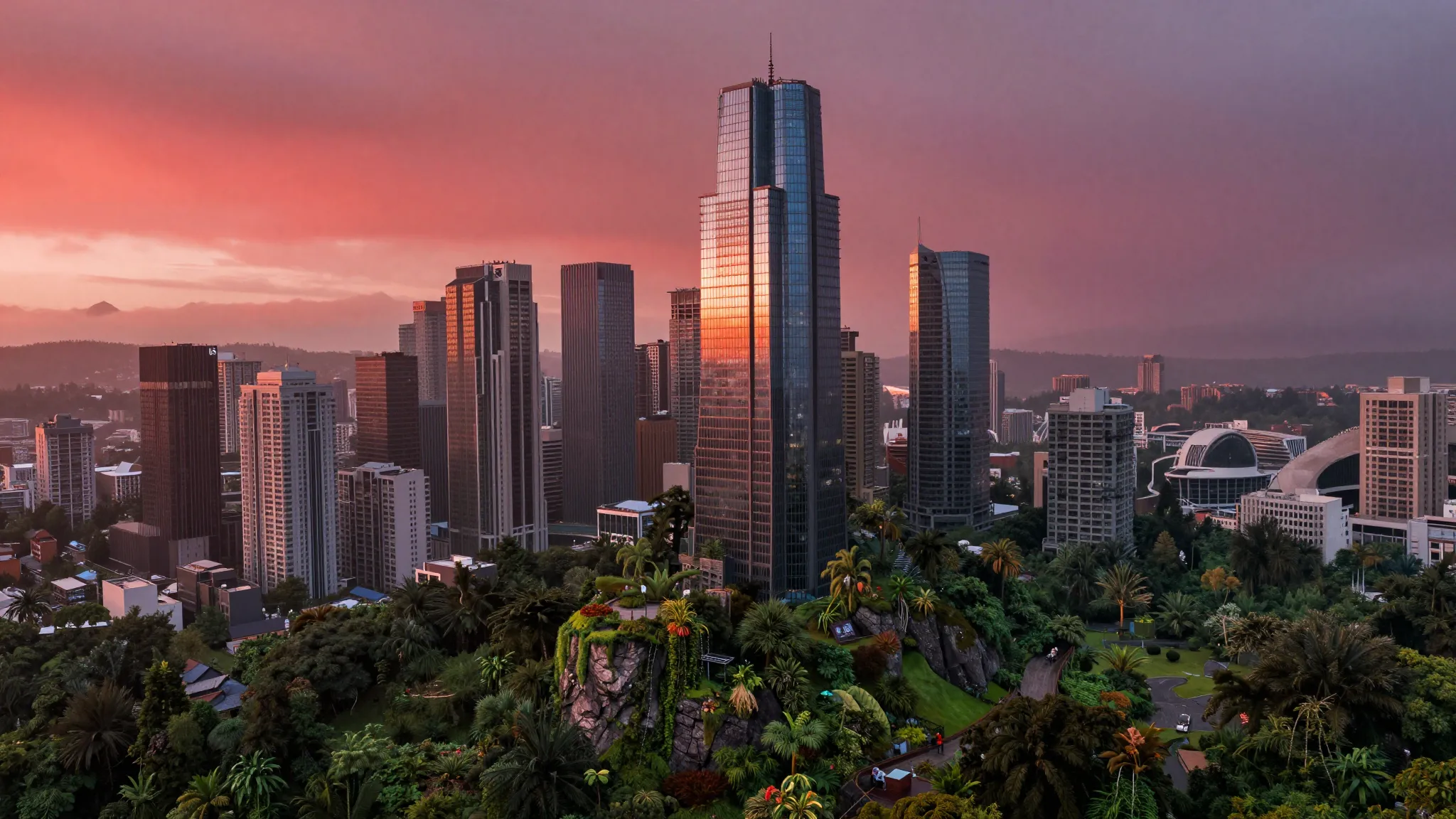 Aerial panoramic view of a futuristic stone jungle city, dee...