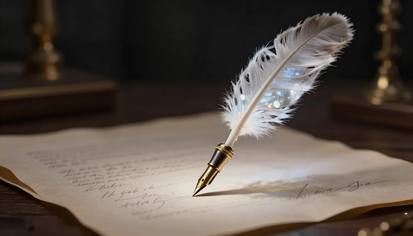 A magical quill pen glowing with soft moonlight, writing on ...