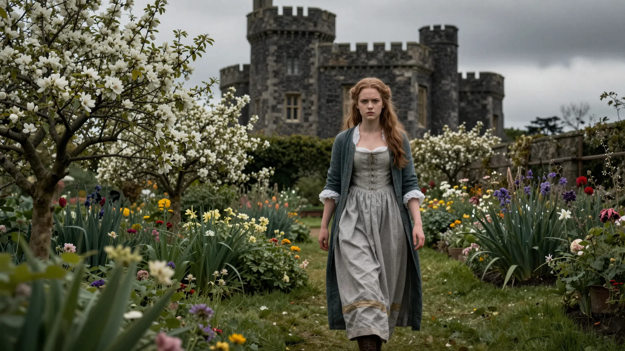 A young woman in 17th century simple dress walking away from...