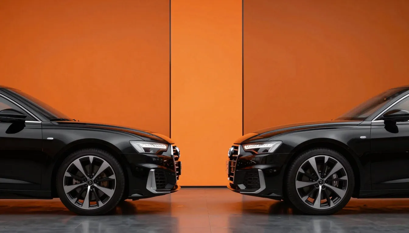 A side view of a luxury black Audi car split across two vert...