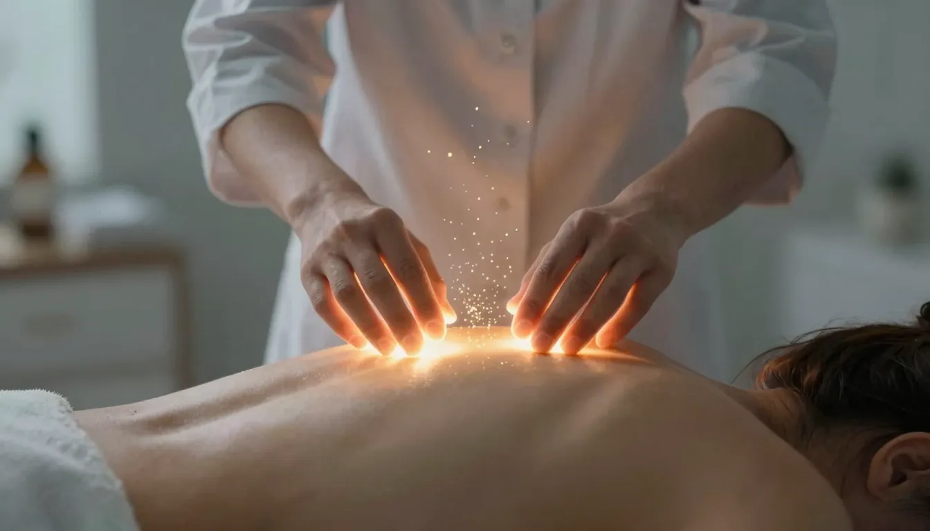 A serene atmosphere, glowing hands of a healer hovering over...