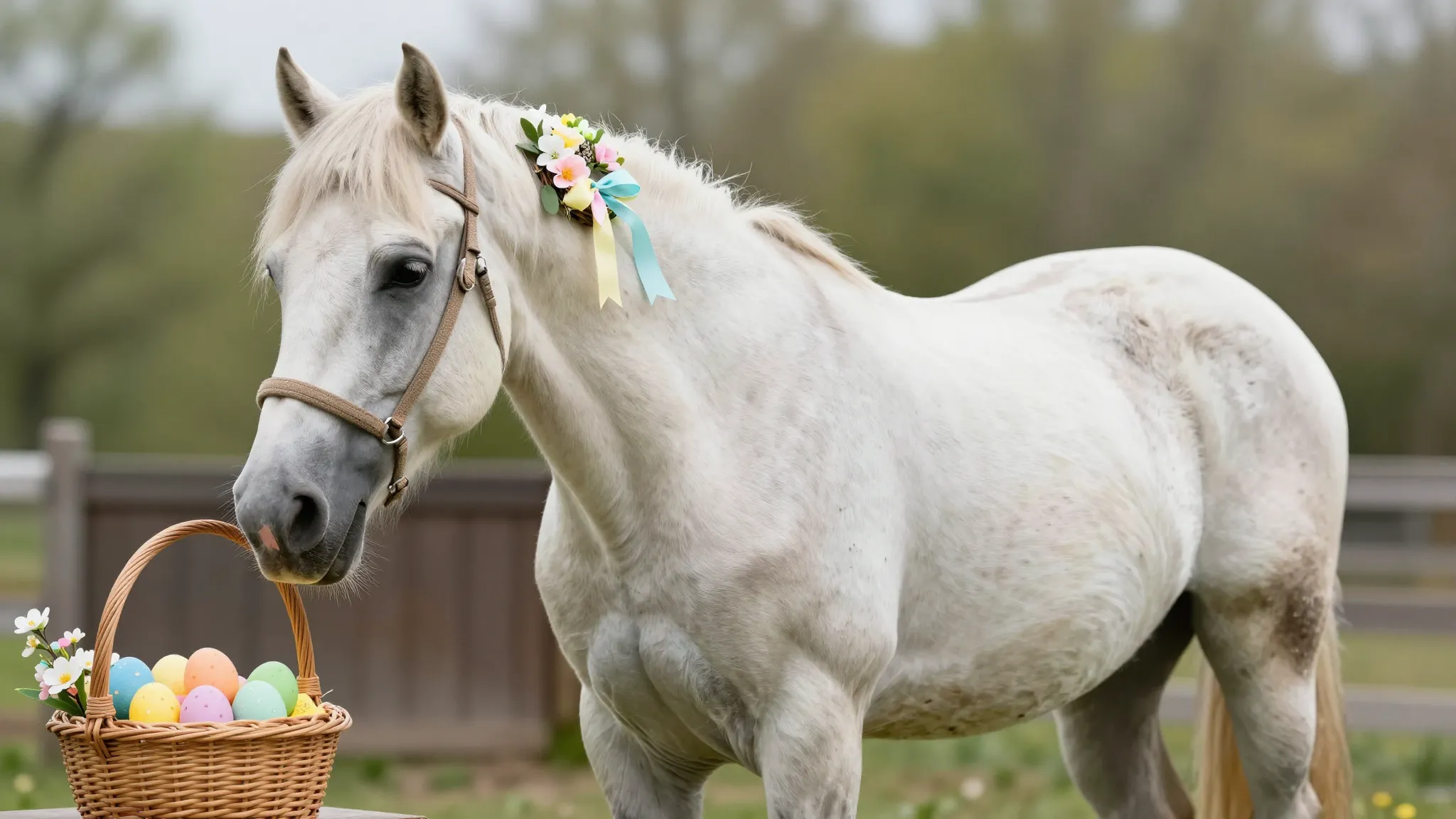 A beautiful horse, adorned with a subtle, tasteful Easter-th...