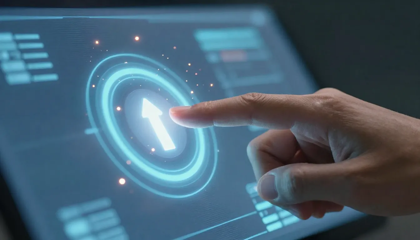 A close-up of a hand clicking a digital upload button on a g...