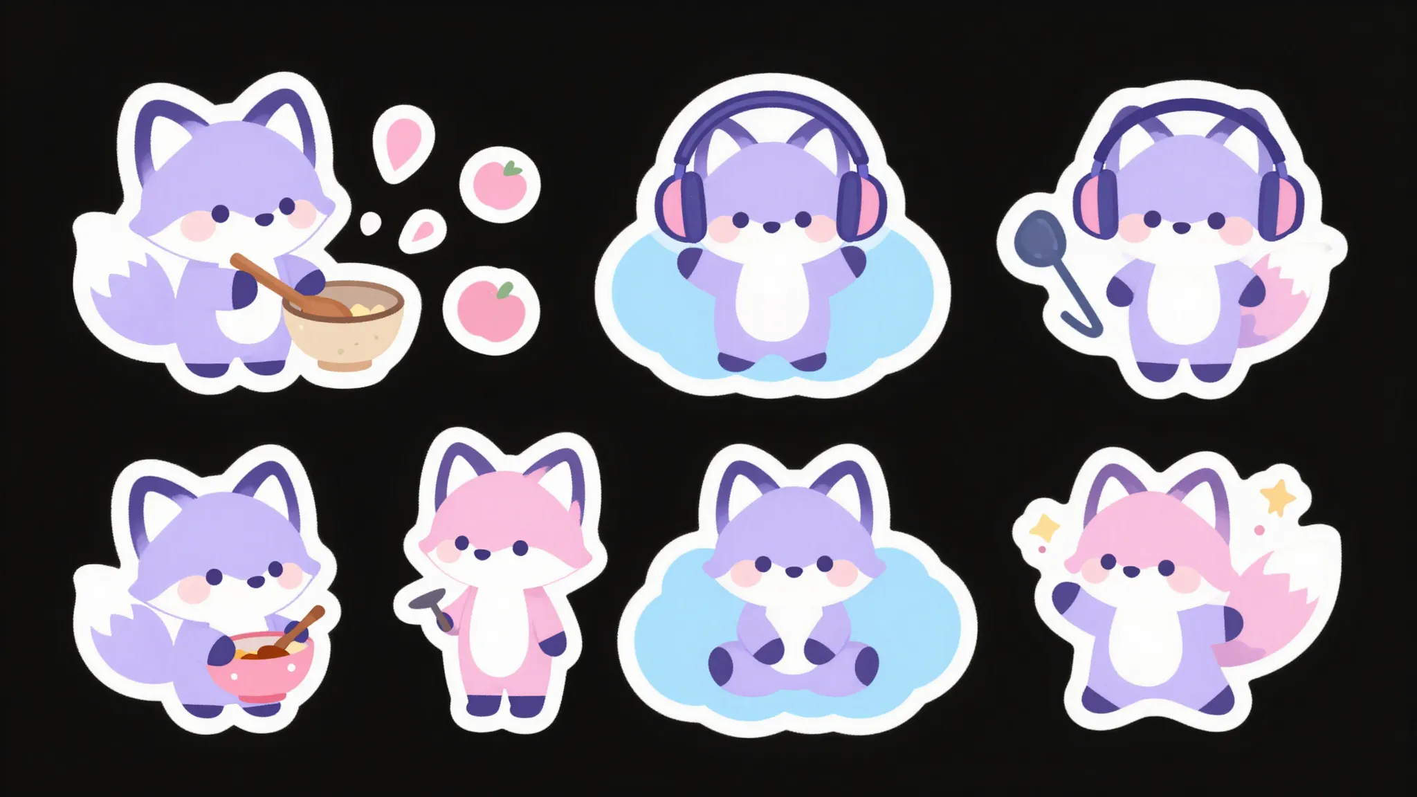 Set of cute stickers with a pastel purple and pink fox, cook...