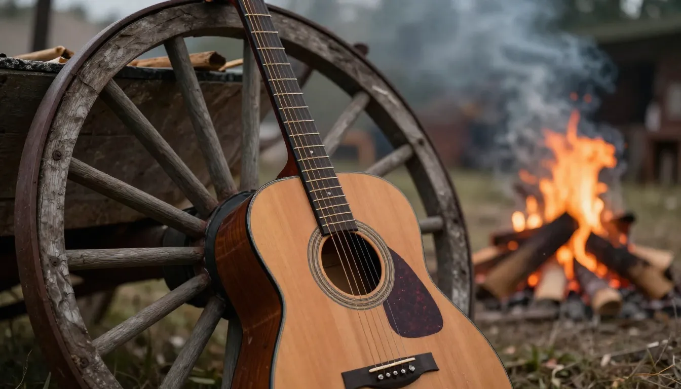 A close-up of a wooden acoustic guitar leaning against a wag...