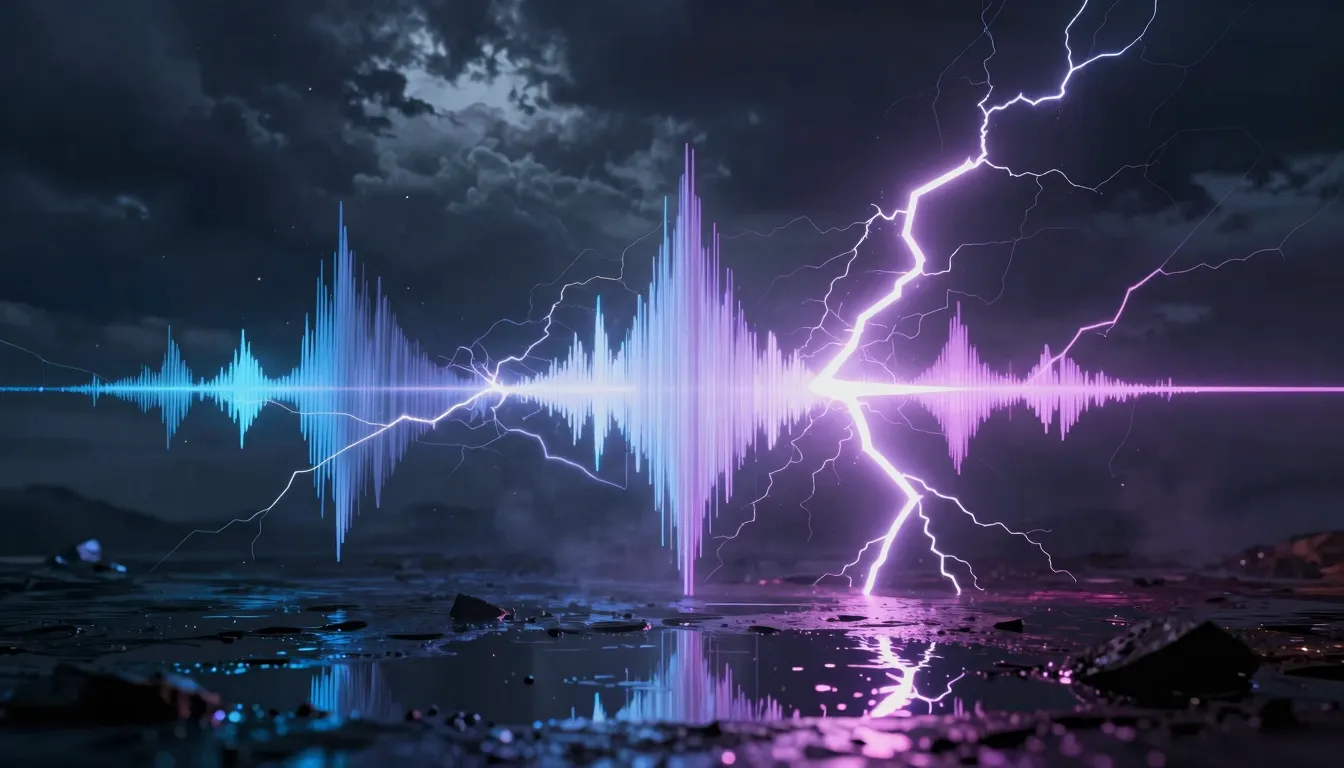 An abstract visualization of sound waves turning into lightn...