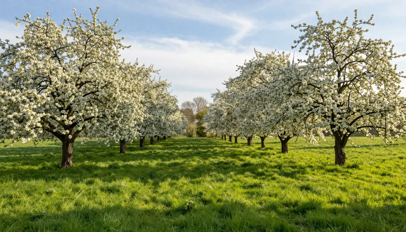 Spring landscape with blooming apple trees, soft morning sun...