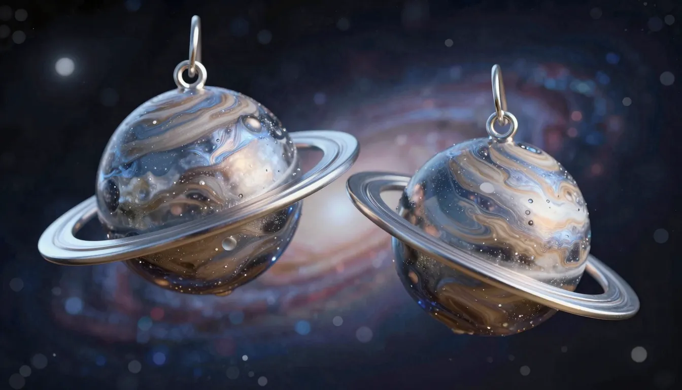 Close-up of a pair of earrings shaped like orbiting planets,...