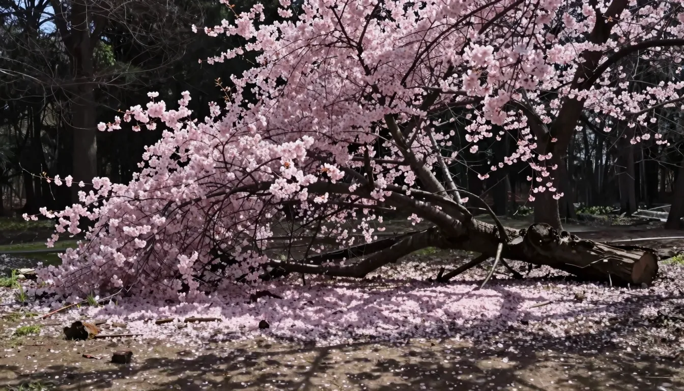 A dramatic scene of a flowering cherry tree cut down in its ...