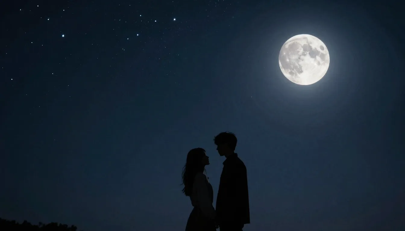 A romantic couple silhouettes standing under a vast night sk...