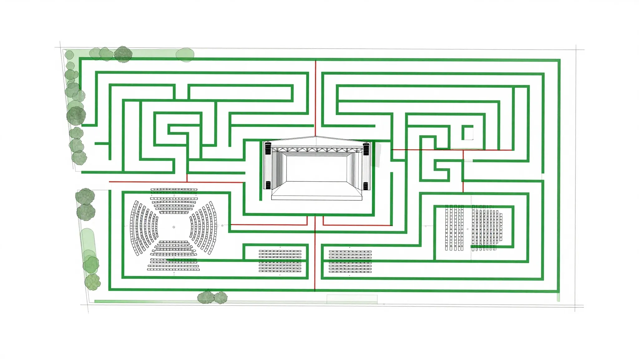 Minimalist architectural blueprint of a 7-hectare labyrinth,...