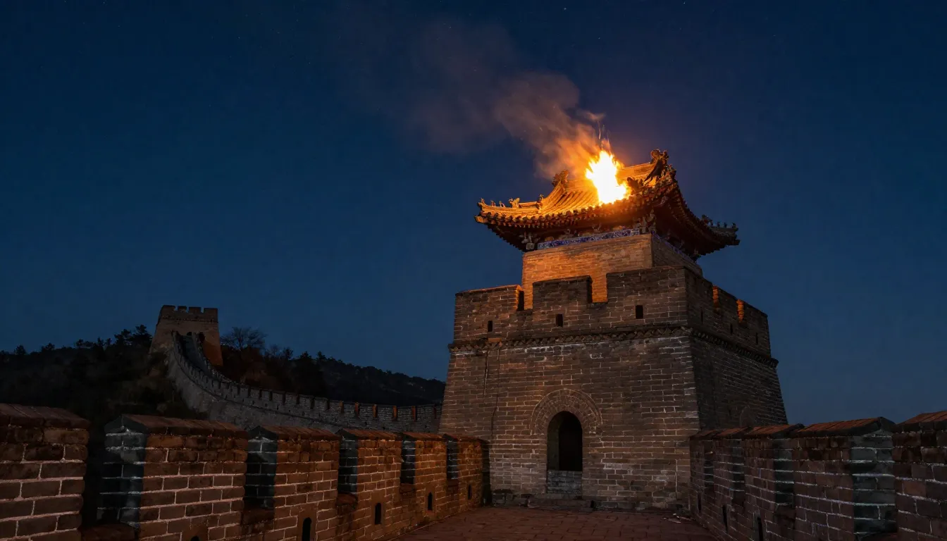 Ancient Chinese watchtower on the Great Wall at night, a bri...