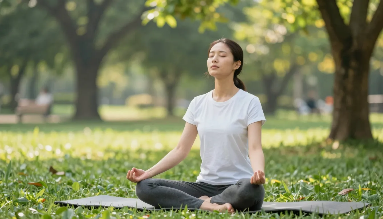 A peaceful person meditating in a sunny park, breathing deep...
