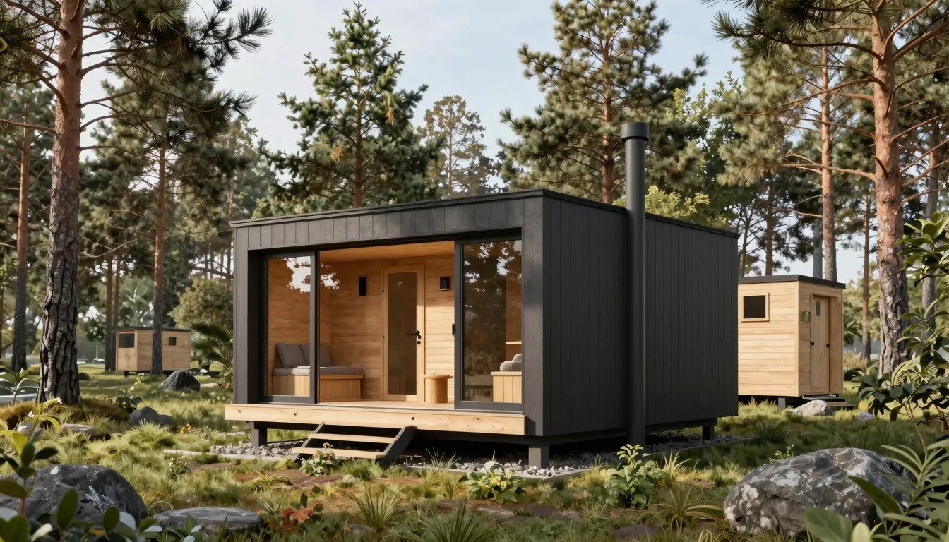 Modern eco-friendly frame house and a small wooden sauna in ...