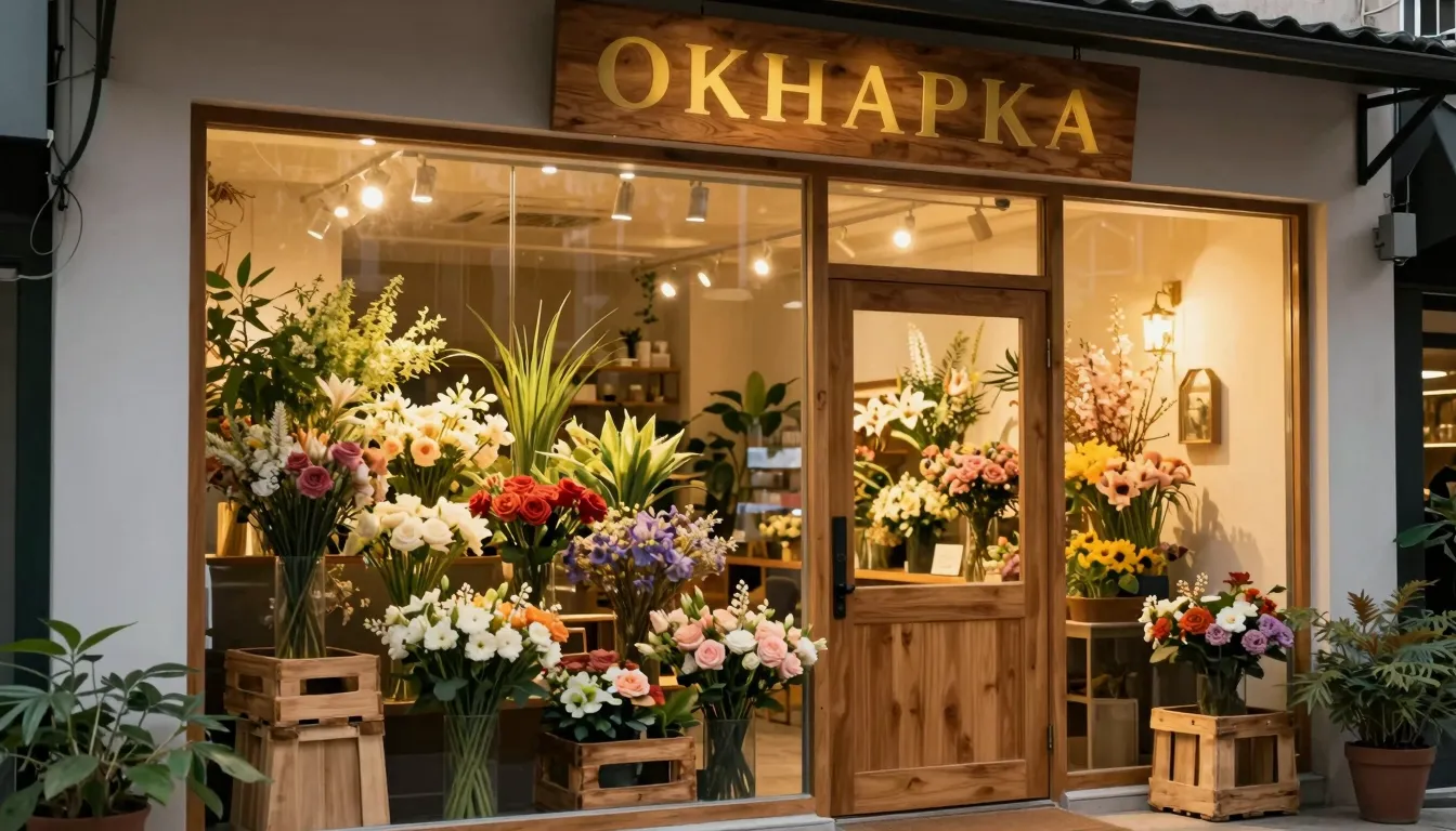 Exterior design of a flower shop called 'OKHAPKA'. Large gla...