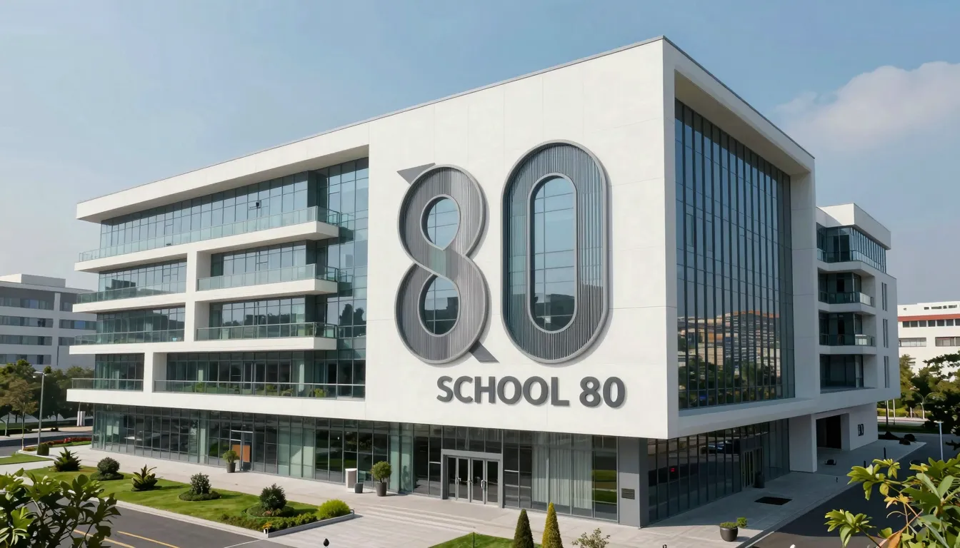 A modern, high-tech school building in the center of a futur...