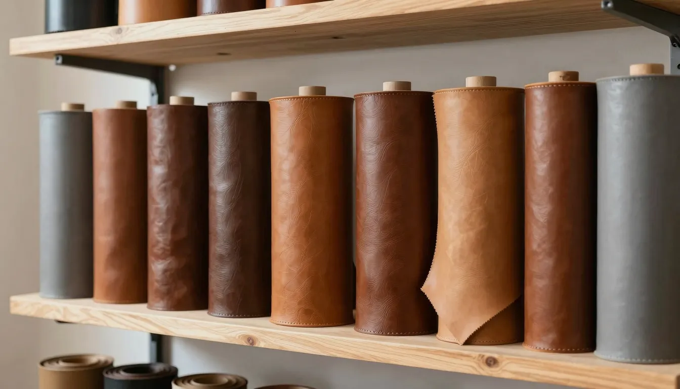 Professional photography of rolls of natural leather in vari...