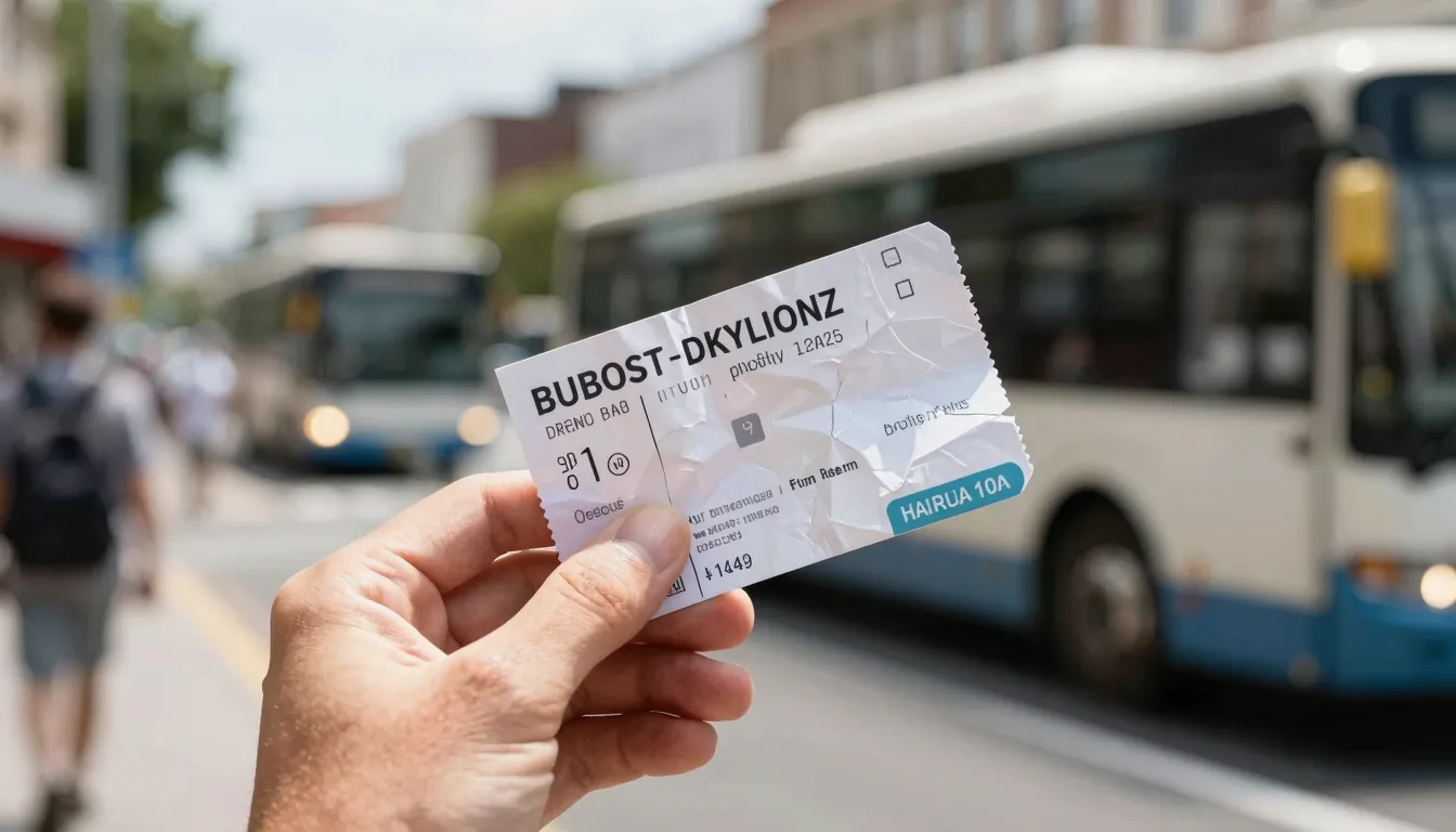 A close up of a person's hand holding a crumpled bus ticket ...