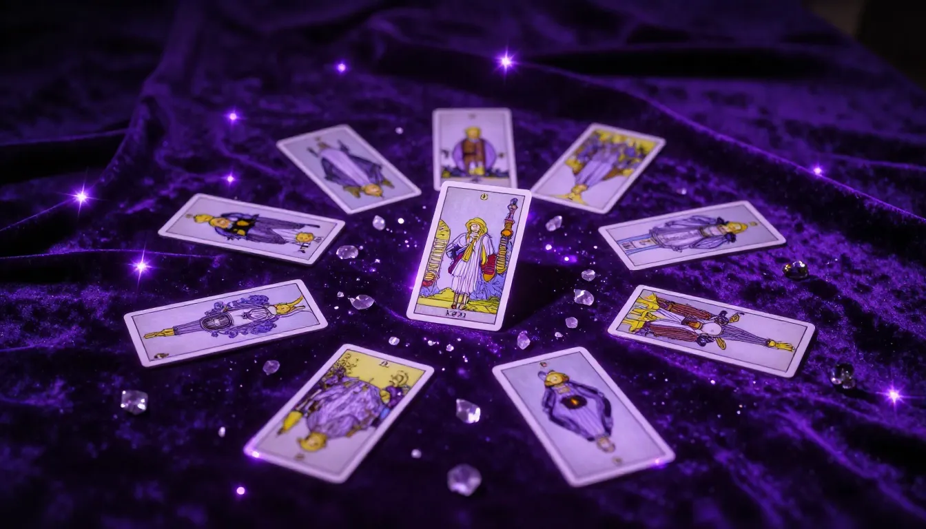 Tarot cards scattered randomly on deep purple shimmering vel...