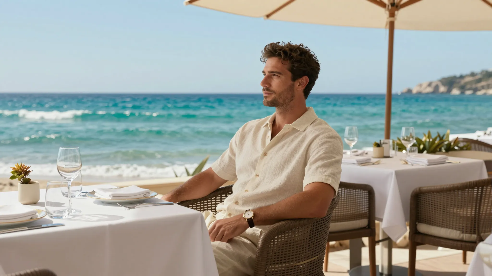 A stylish man sitting at a luxury seaside restaurant table, ...