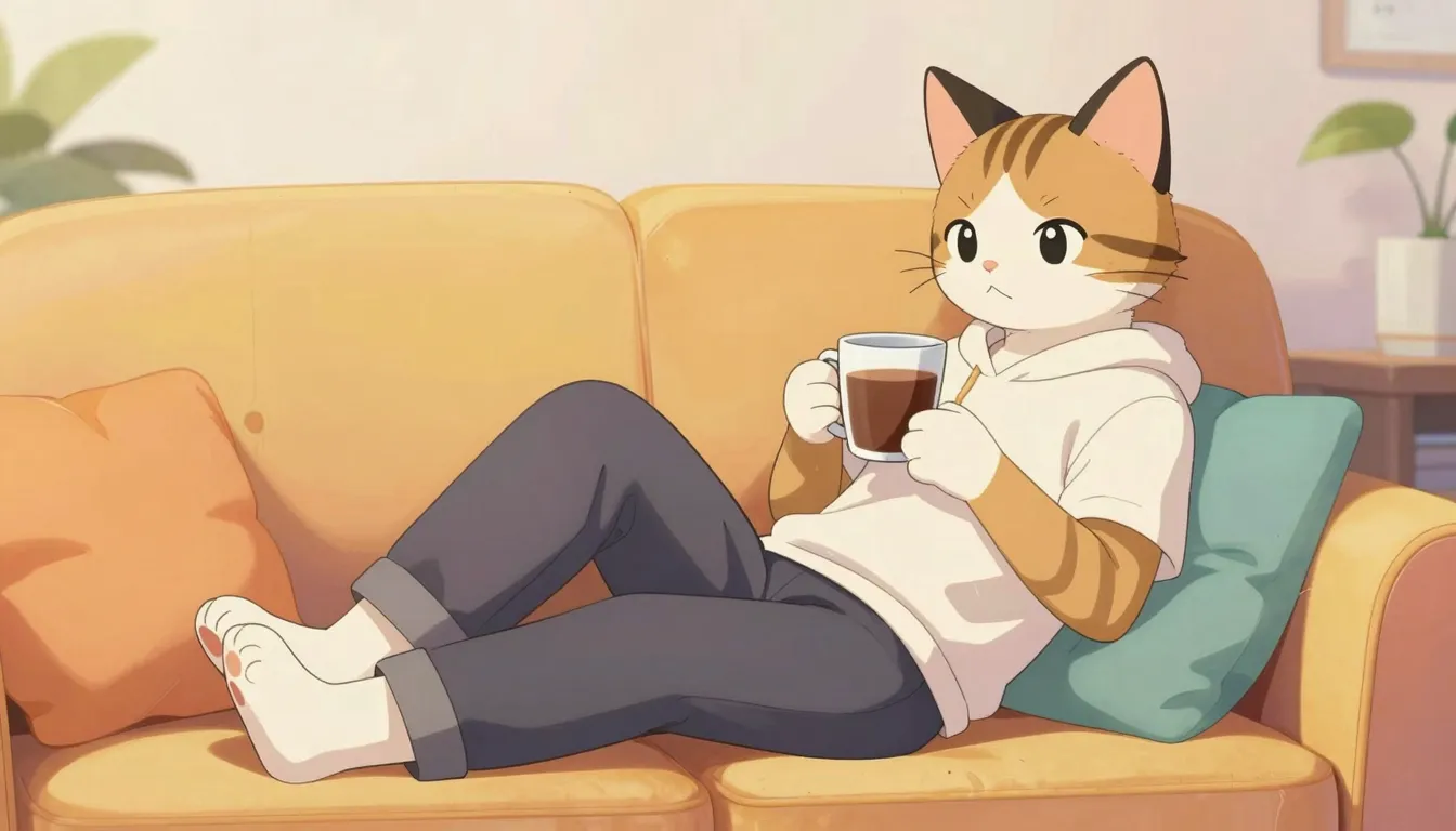 Detailed illustration of a furry cat person relaxing on a co...