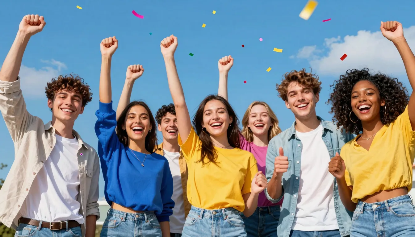 A vibrant digital art piece showing a group of energetic you...