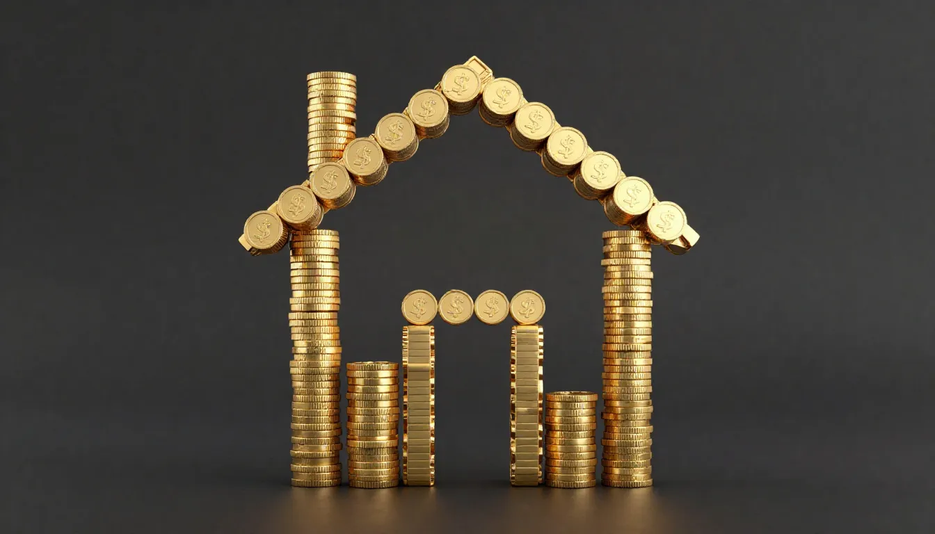 Golden coins forming a house shape on a dark background, 3d ...