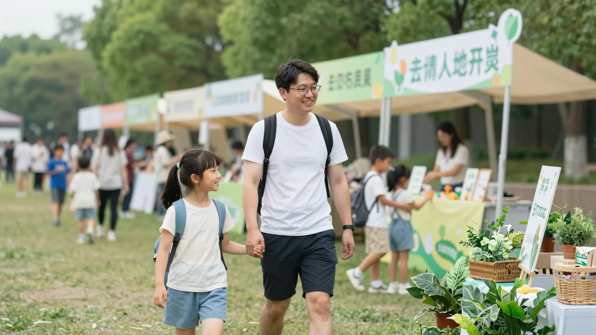 A happy family, including a parent and two children, walking...