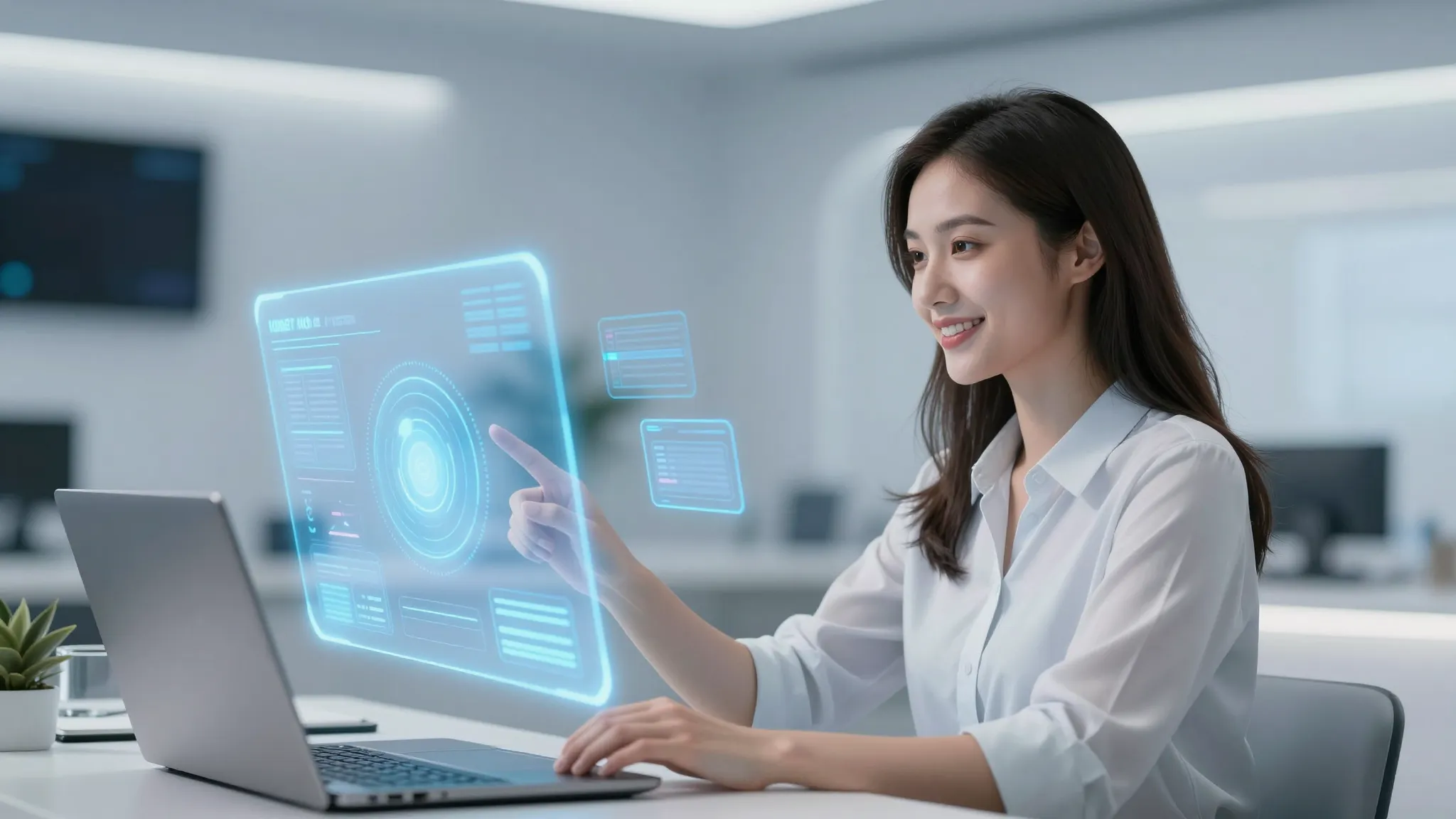 A friendly female AI assistant helping a user with a digital...