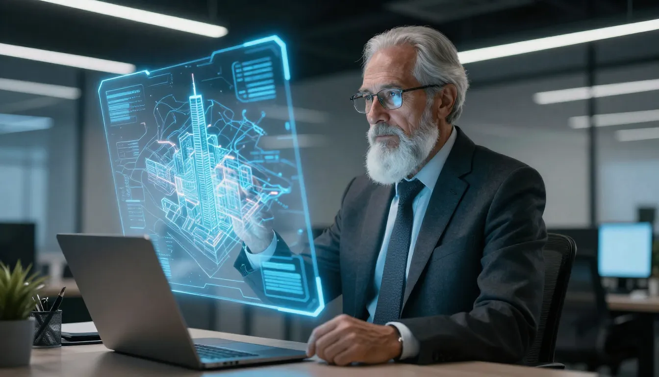 A wise strategist in a modern office looking at a holographi...
