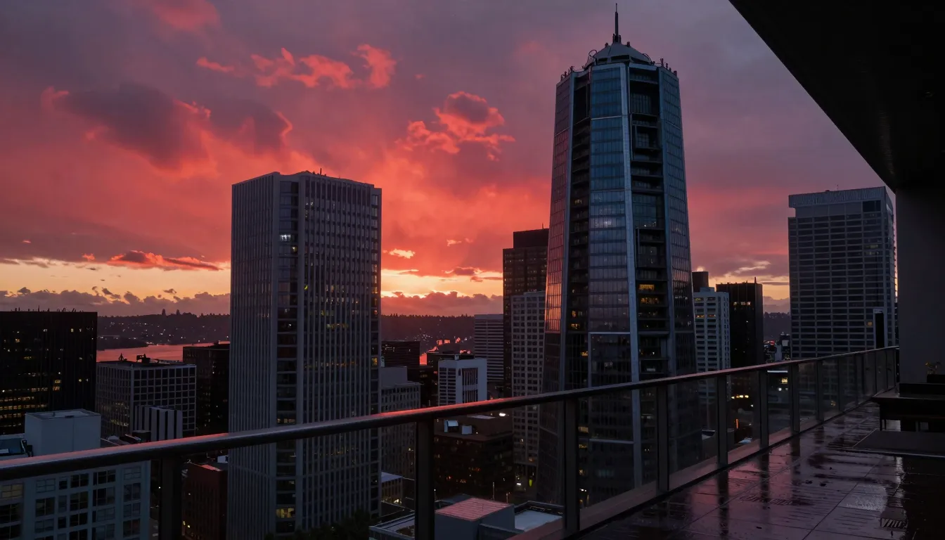Panoramic wide shot of Neo-Seattle from a high skyscraper ba...
