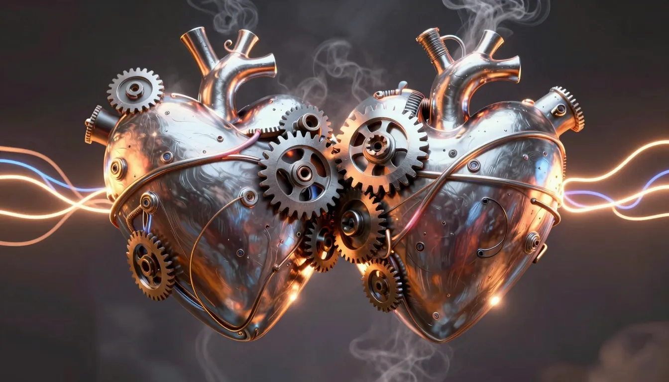 Abstract artistic representation of two metallic hearts inte...