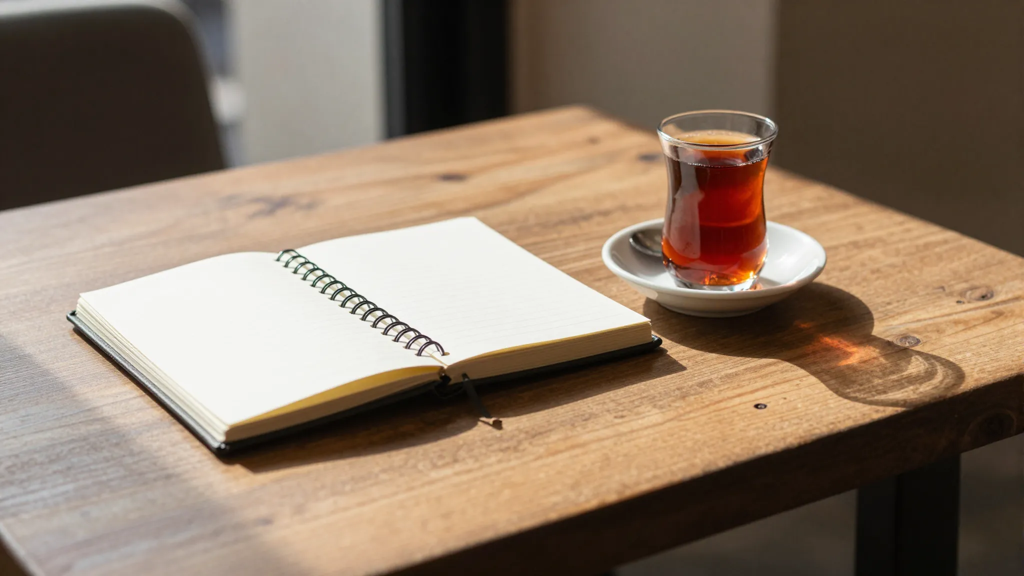 A cozy Turkish cafe with a notebook and a cup of tea on a wo...