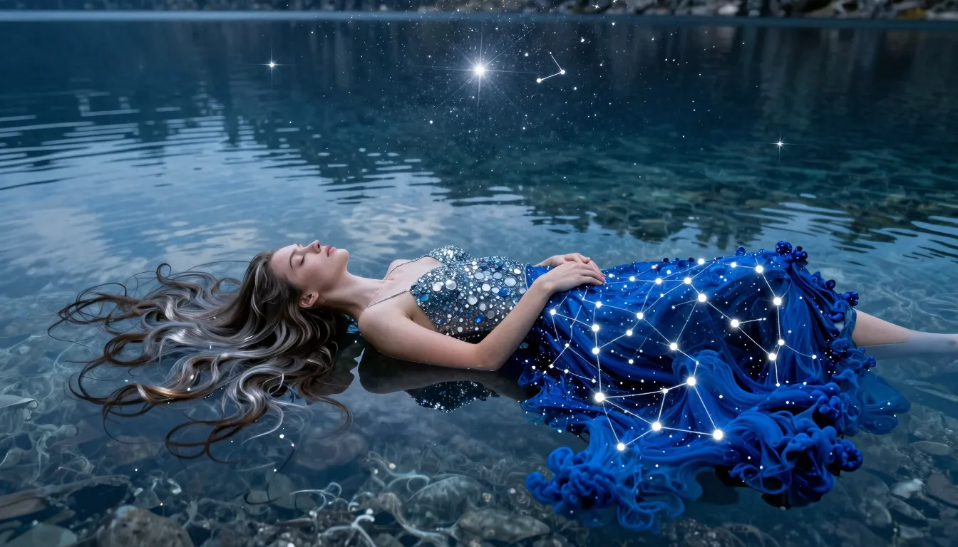 A young European woman lying on the surface of a calm, cryst...