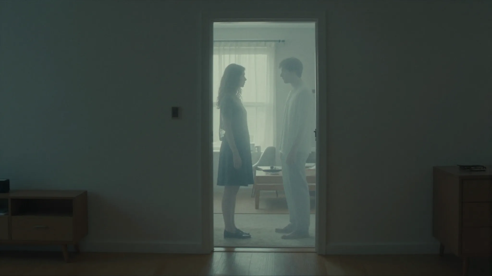 A cinematic, melancholic shot of two translucent, ghostly si...