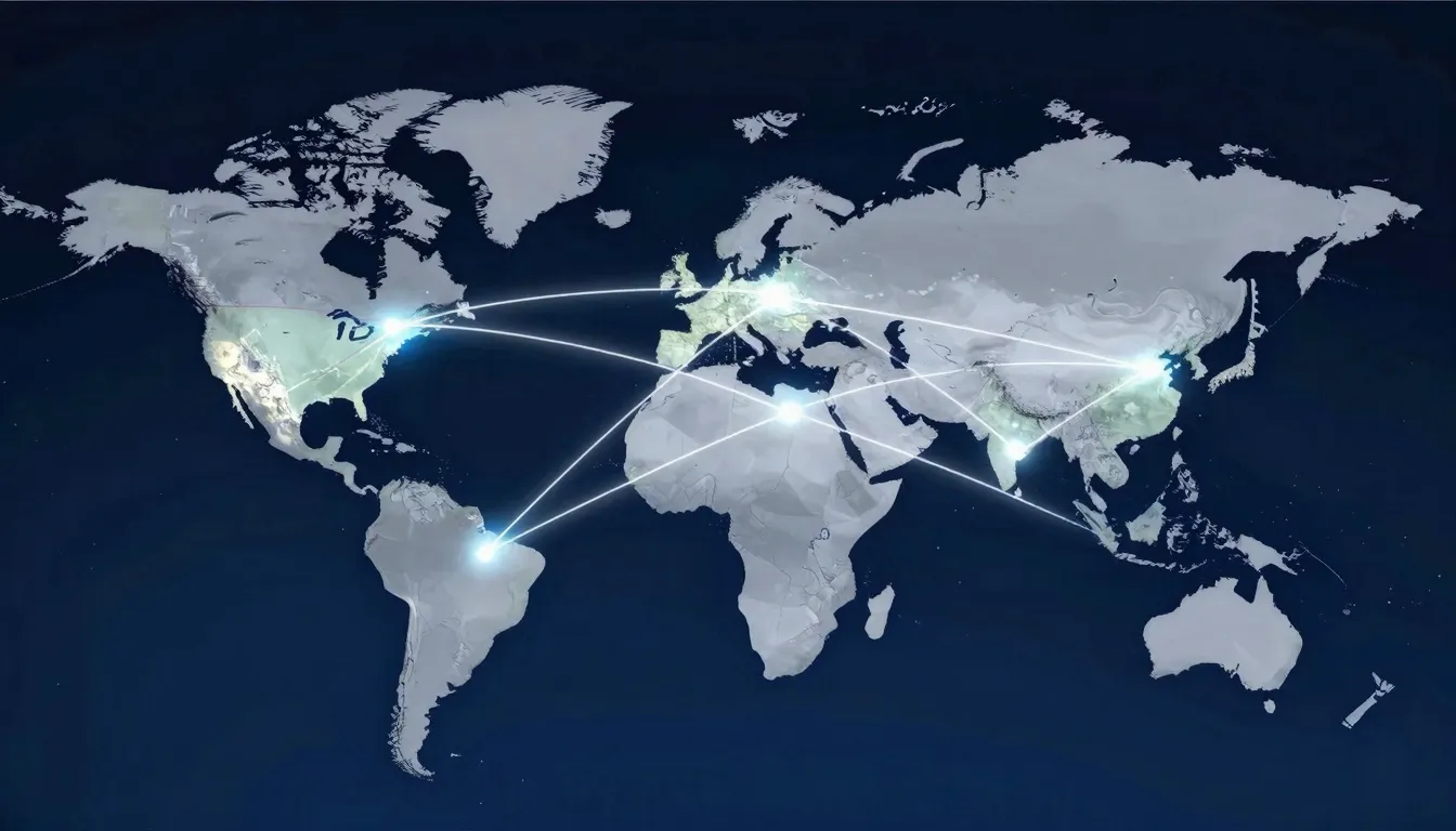 A world map with glowing connection lines between China, Ind...