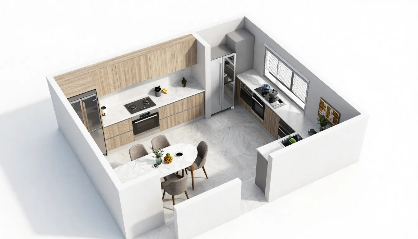 A professional 3D render of a kitchen layout, top view persp...