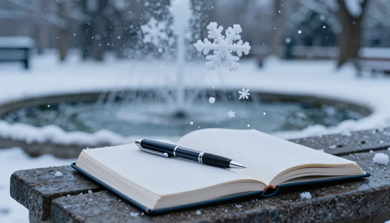 A poetic scene of an open journal on a stone bench in a snow...