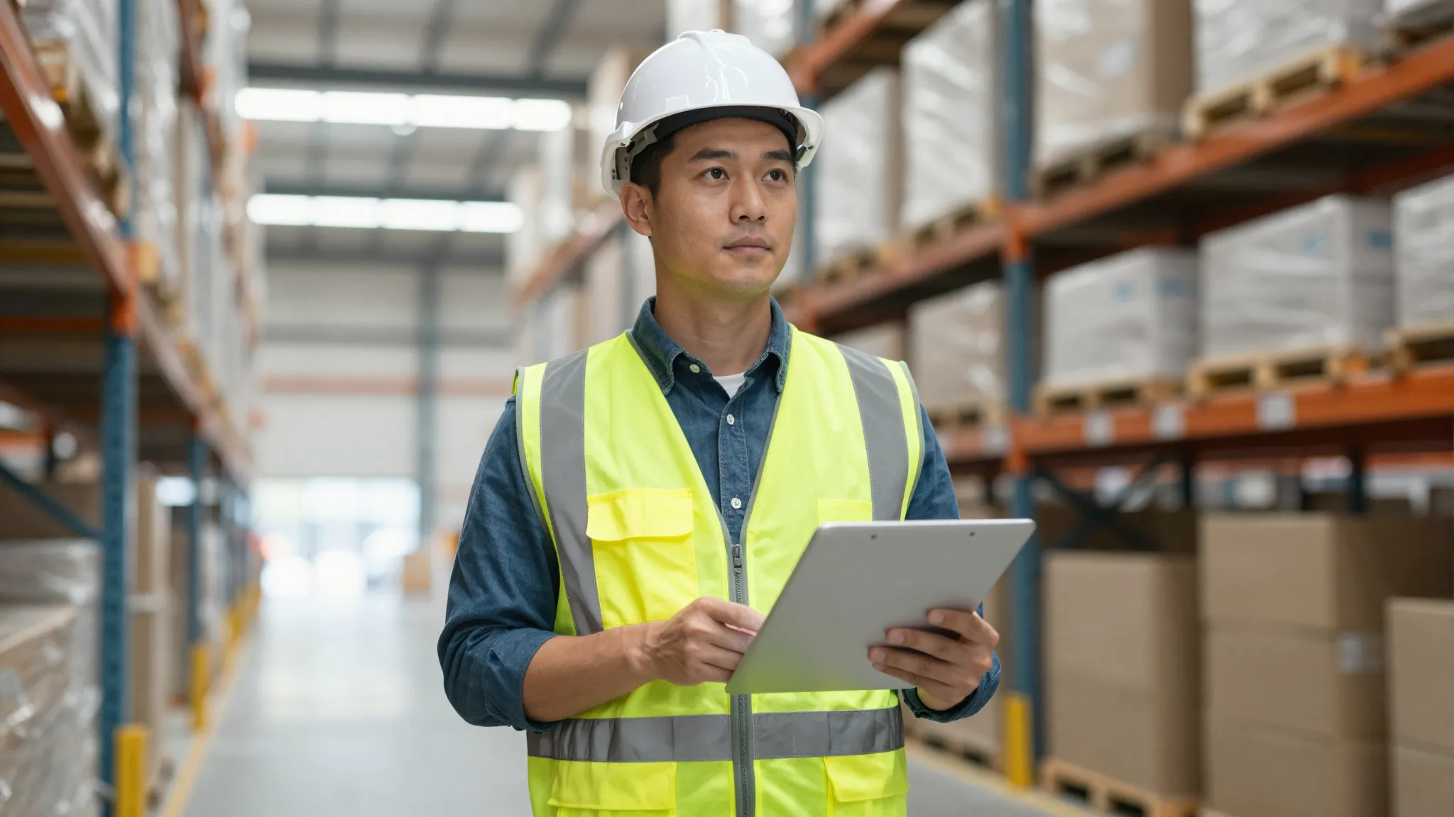 A professional male worker in a safety vest in a modern ware...