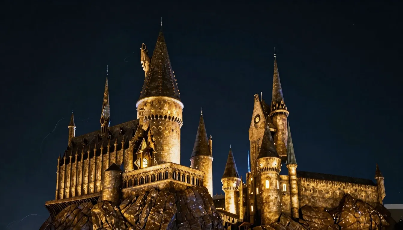 A majestic silhouette of a magical school, rendered entirely...
