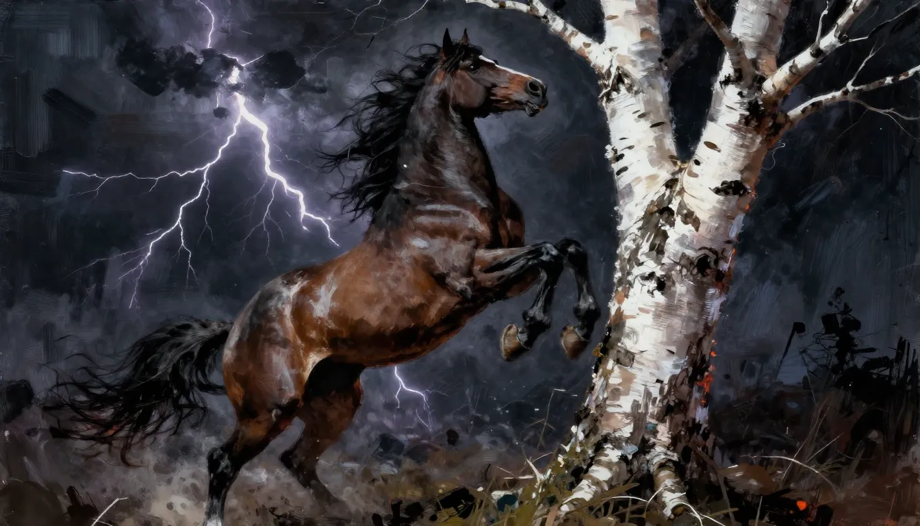 Heavy metal album cover art, a powerful horse struck by a ma...