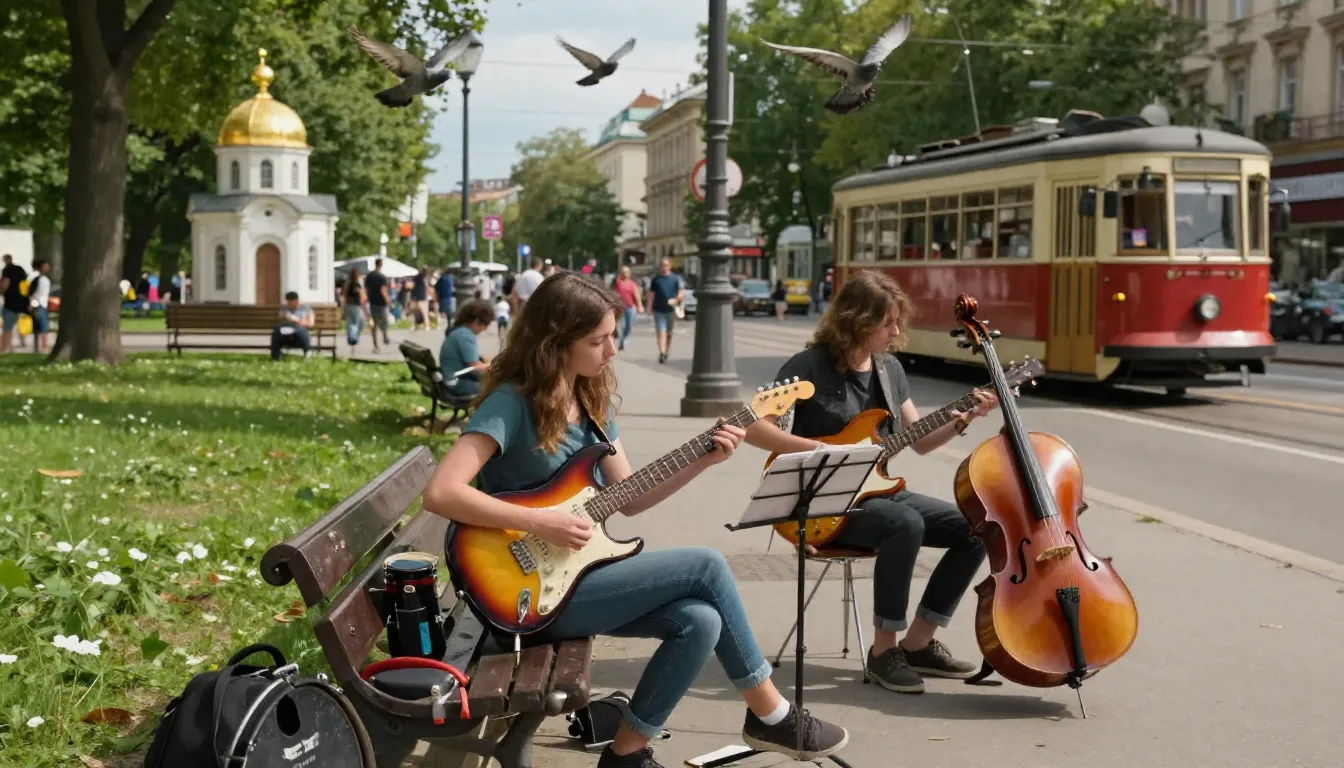 Cinematic shot of a girl playing a bright electric guitar on...
