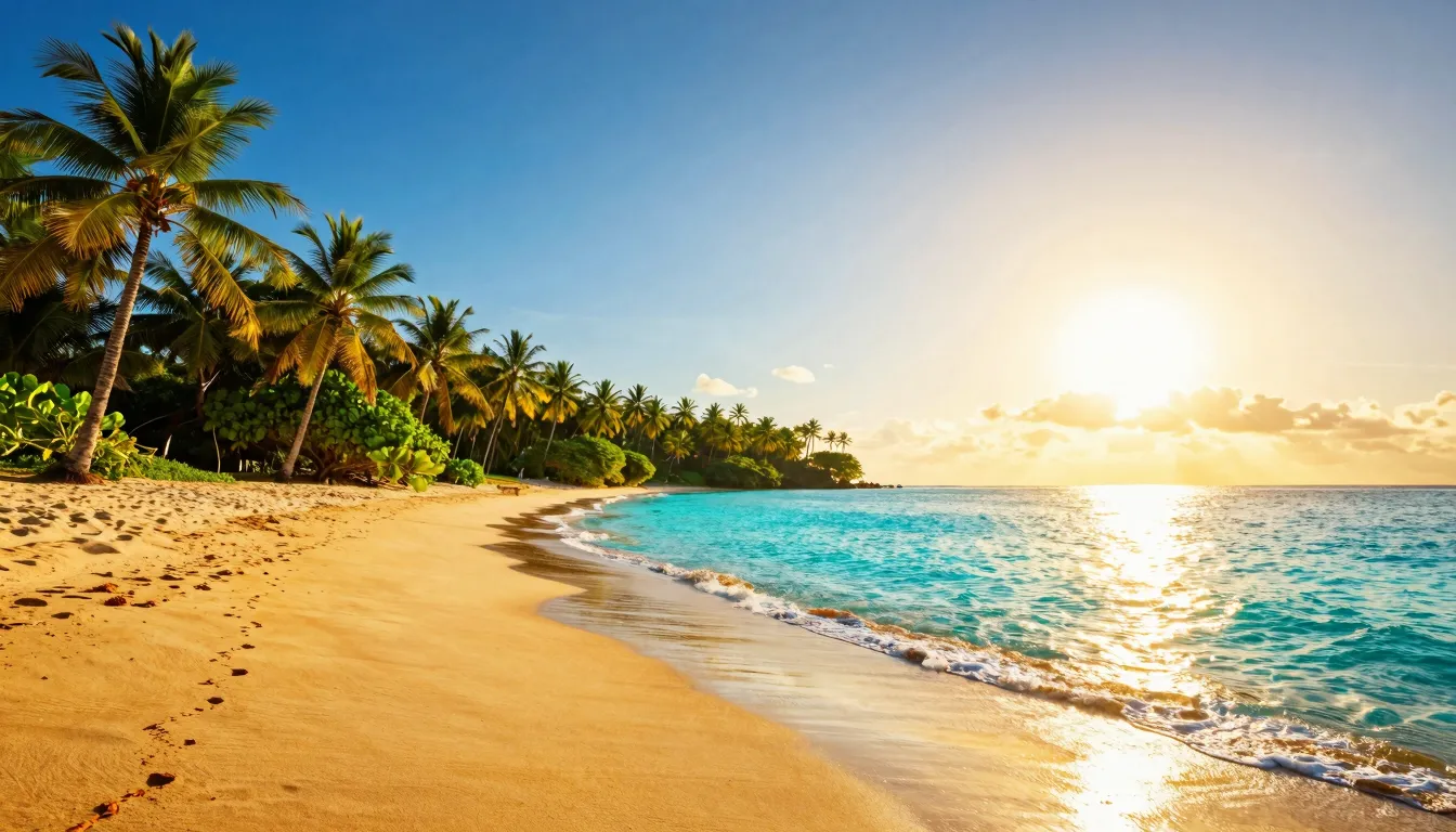Stunning tropical beach at sunrise, golden sand glowing, cry...