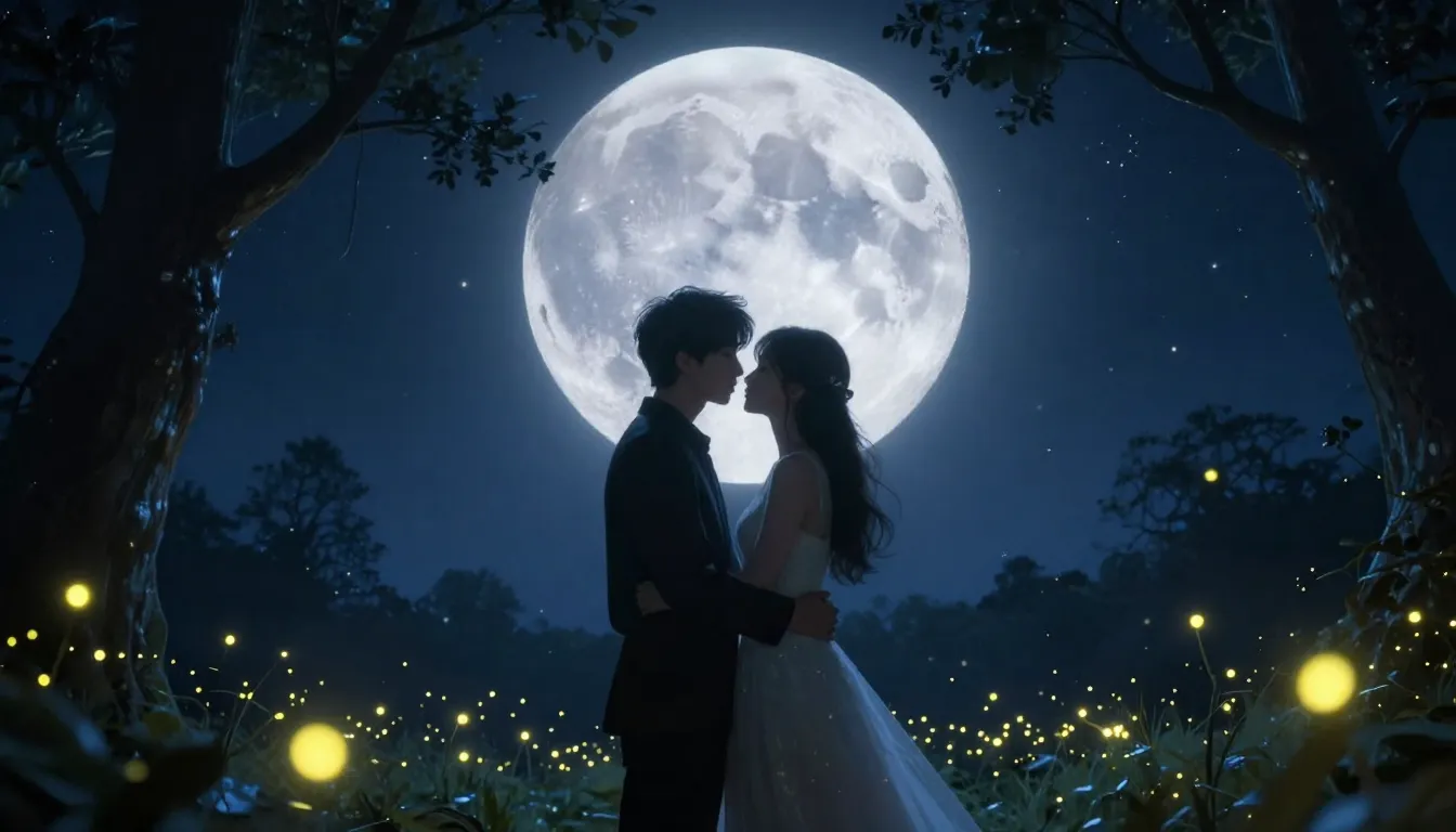 A magical moonlit night with a couple embracing under a shim...