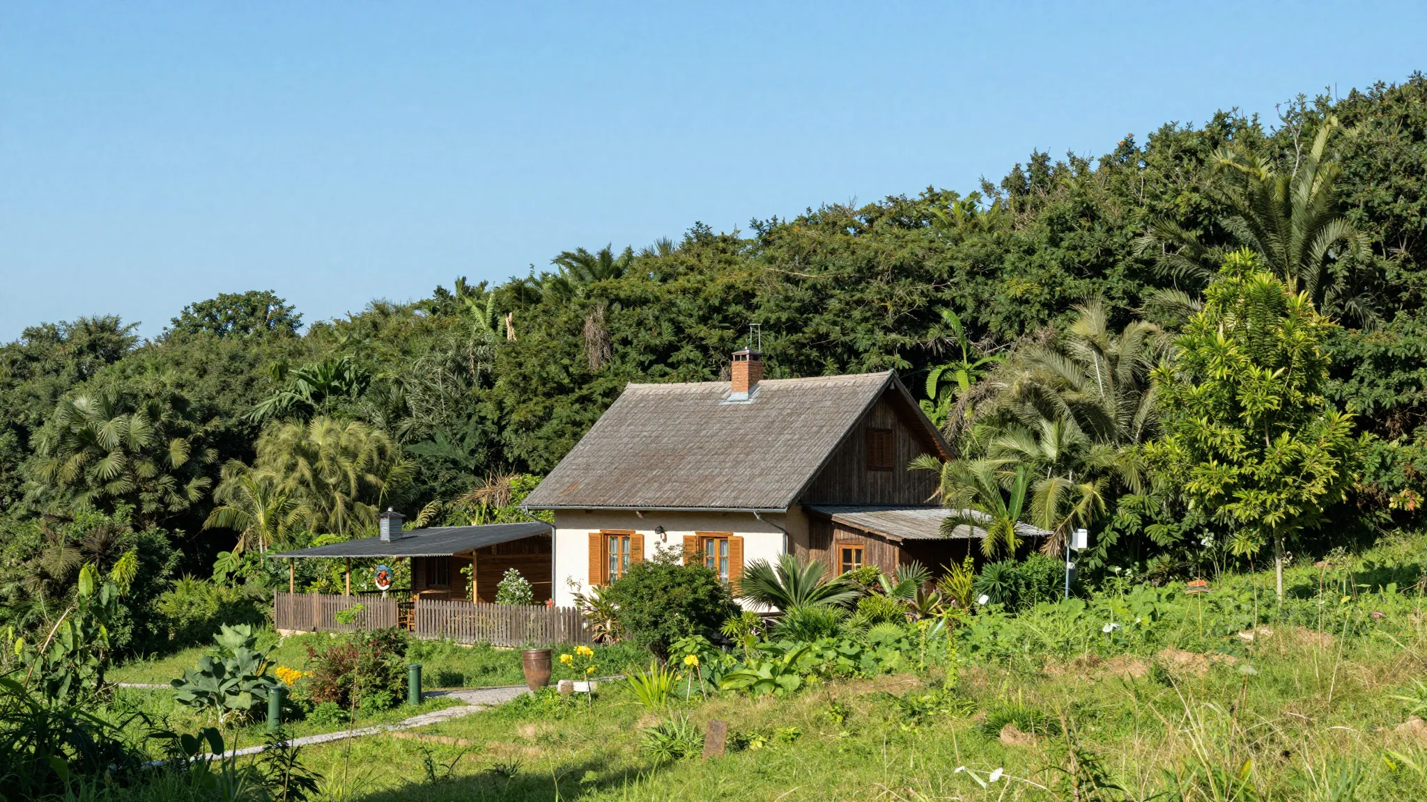 A serene village landscape with a cozy house, surrounded by ...